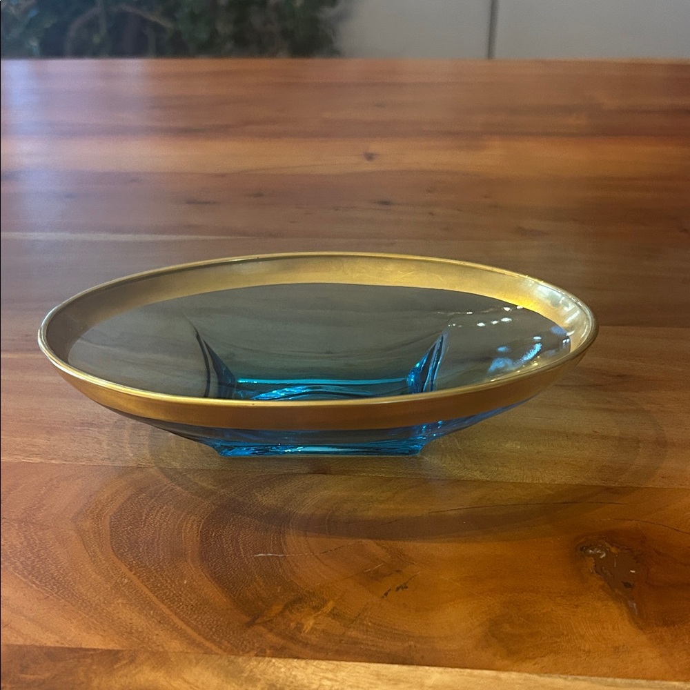 Vintage Blue MCM Glass bowl with gold border